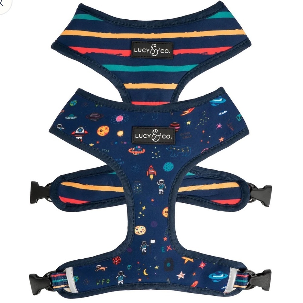 NWT Lucy & Co reversible planets stripes dog harness XS